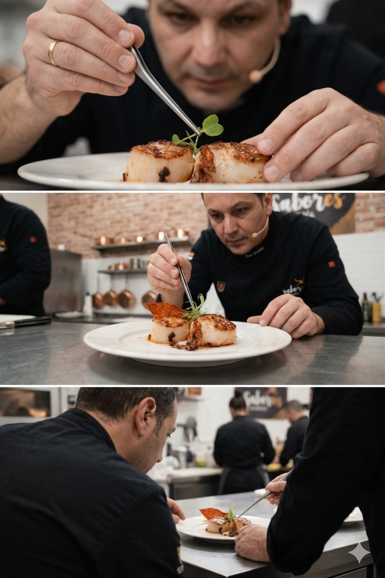 Secuencia del chef Tolo Castillo afinando un plato con atención al detalle